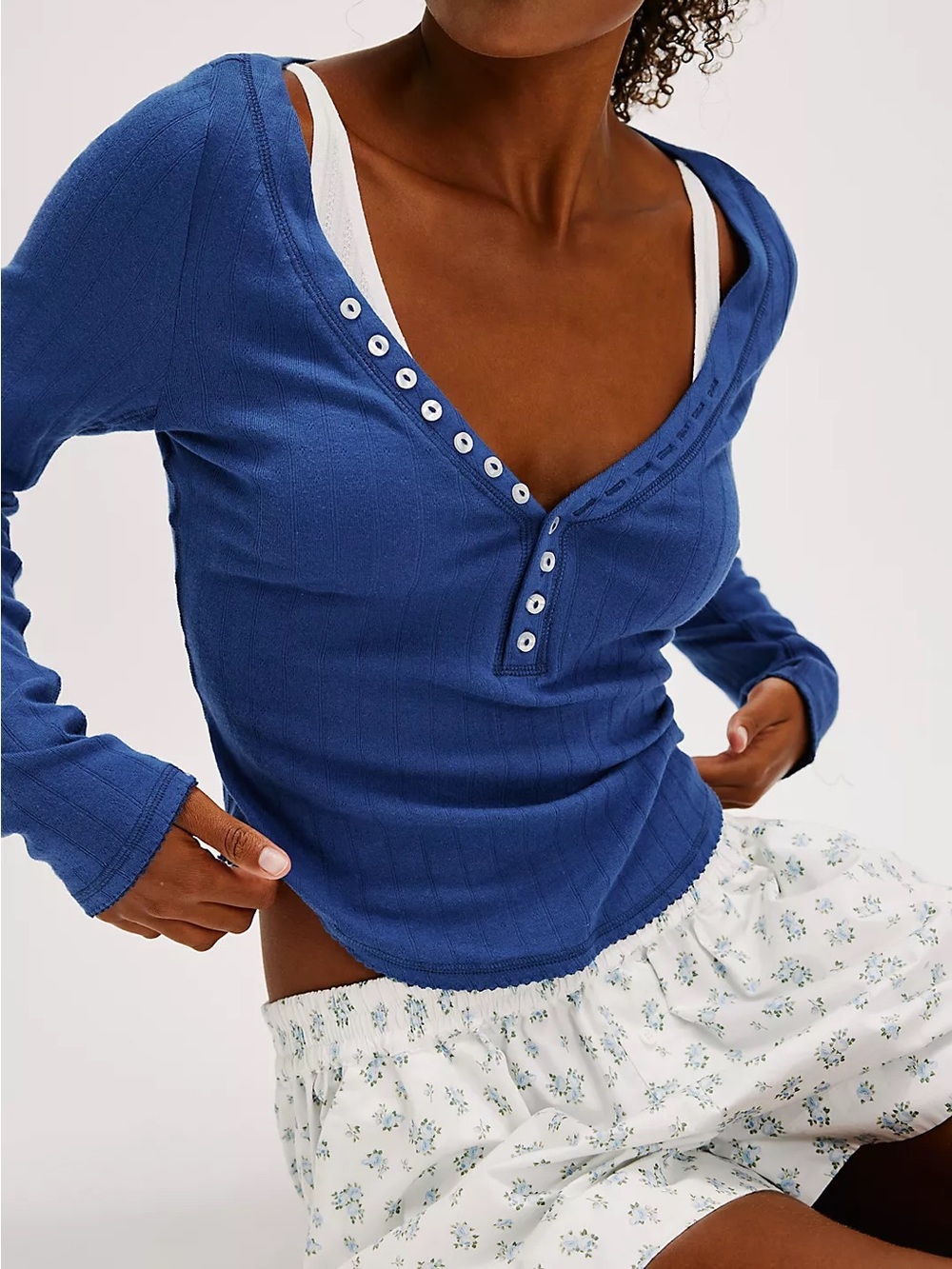 NWT Free People Intimately Coffee ChatBlue Long Sleeve/ Midnight Ocean/XS